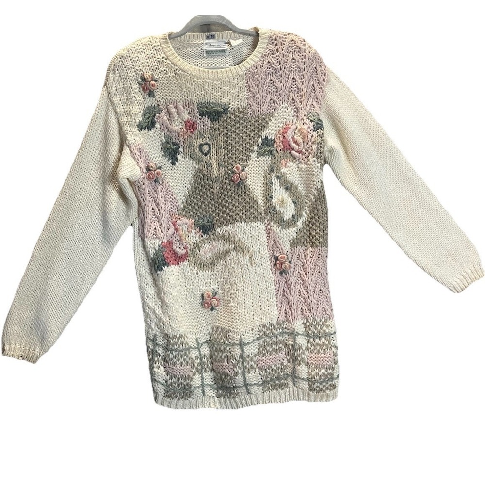 VTG Hand Knit Sweater Womens Small Shenanigans Granny Cottagecore‎ Shabby Pastel